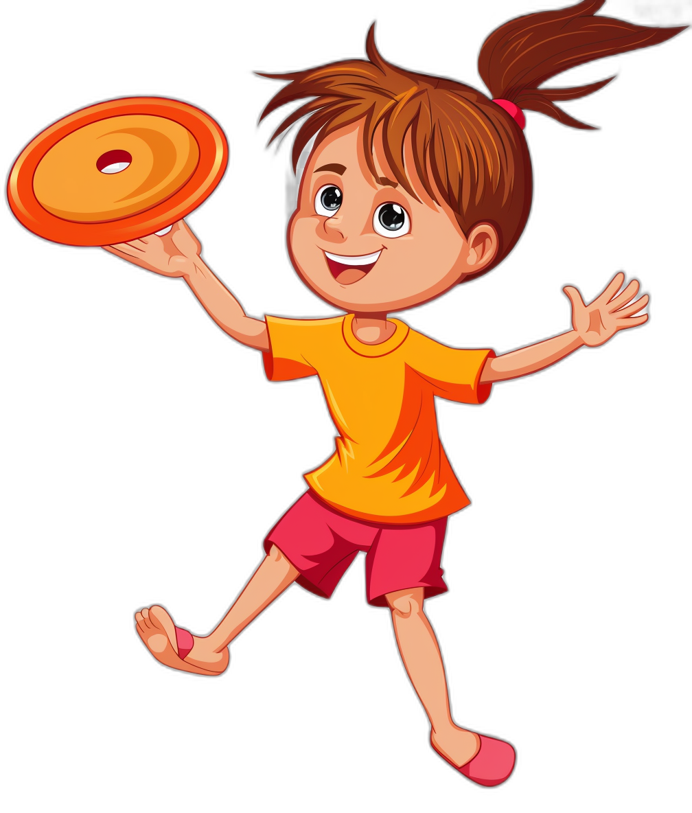 a cute cartoon girl playing frisbee, clip art style, isolated on black background