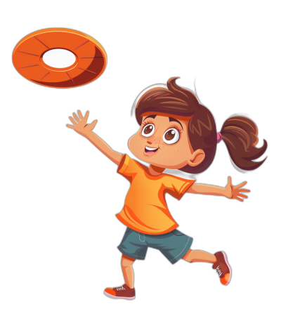 A little girl is playing frisbee in the style of a cartoon style illustration with a black background. She has brown hair and wears an orange t-shirt and blue shorts. The boy jumps to catch the Frisbee while smiling happily. In a simple flat design vector graphic style,