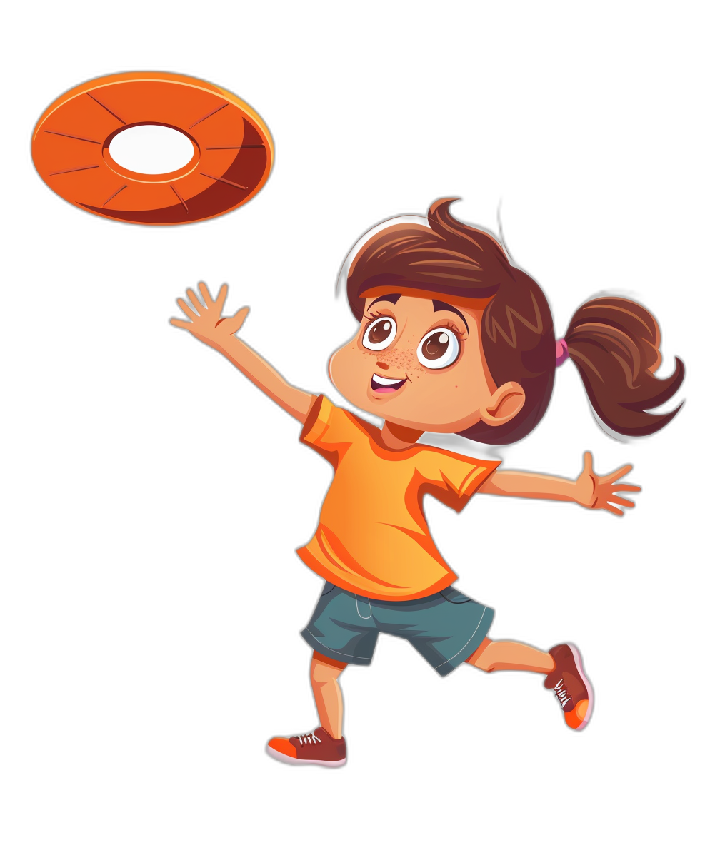 A little girl is playing frisbee in the style of a cartoon style illustration with a black background. She has brown hair and wears an orange t-shirt and blue shorts. The boy jumps to catch the Frisbee while smiling happily. In a simple flat design vector graphic style,