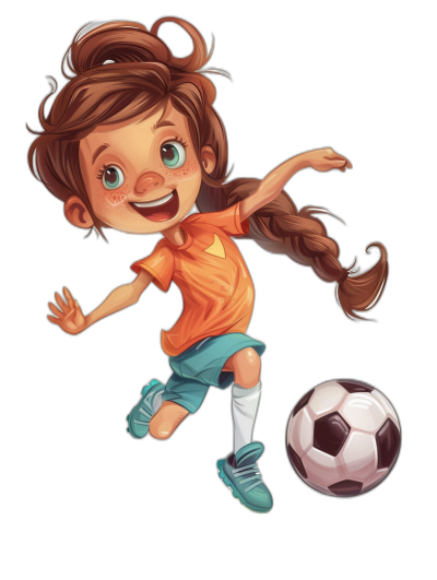 Cartoon illustrative style, cartoon girl playing soccer in an orange and blue uniform with braided brown hair smiling while kicking the ball on black background.