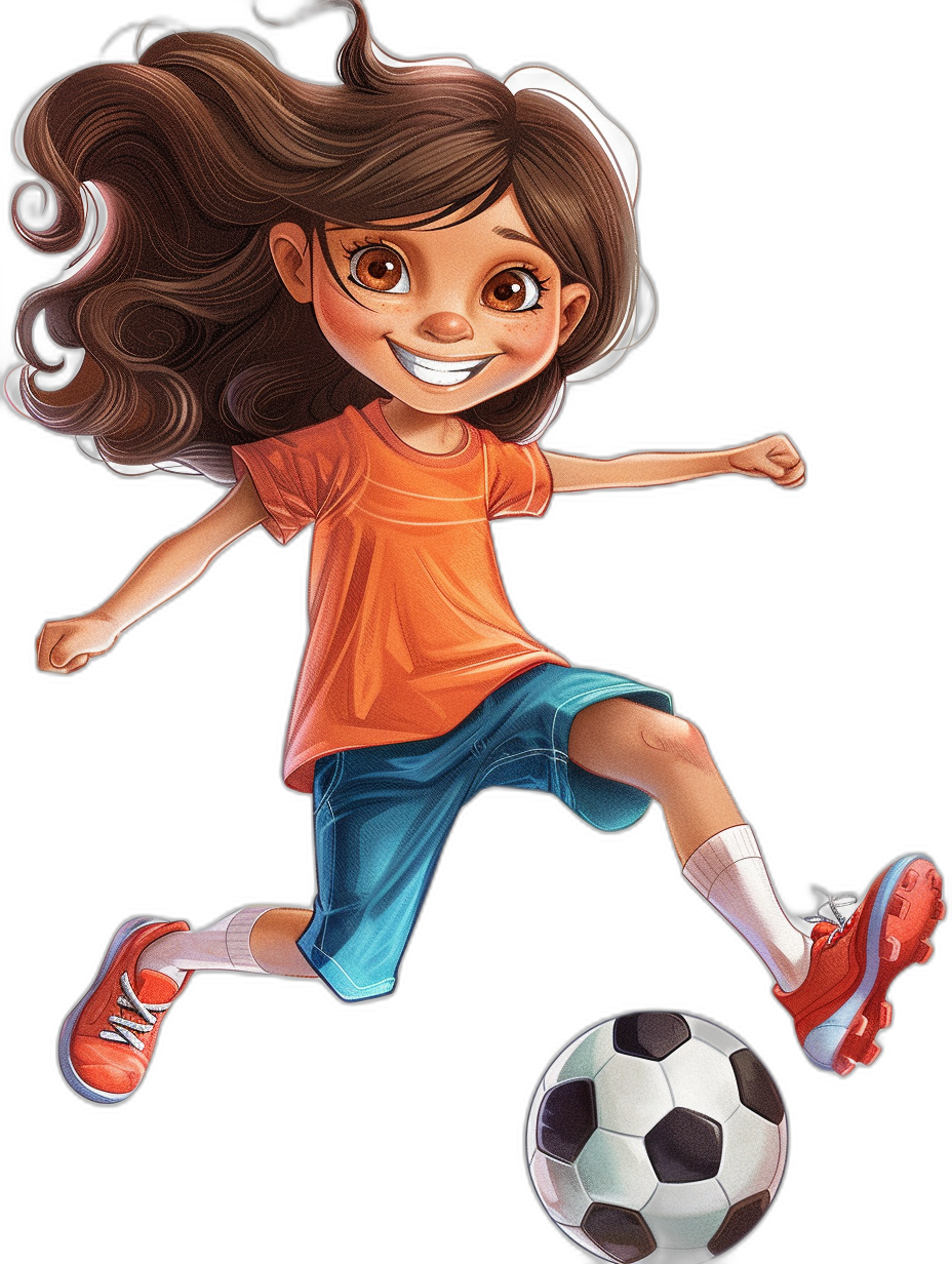 An illustration of a young girl playing soccer, smiling with brown hair and an orange shirt, blue shorts, and red shoes, kicking the ball against a black background.