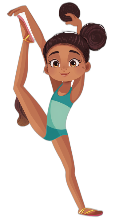 A cartoon illustration of an African American girl gymnast doing the twist on a black background, in the style of Disney Pixar.