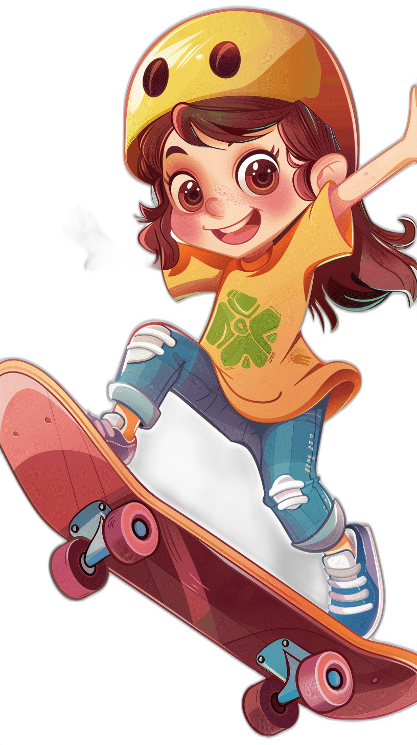 A cute girl in an orange helmet and yellow shirt is skateboarding in a cartoon style with a black background, colorful character design, simple strokes, and simple lines for a cartoon cute, Q-version manga illustration full body portrait with high resolution, high detail, and high quality for the best picture quality with high details but some high noise while in the air in the style of a manga artist.