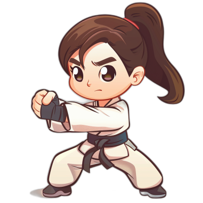 chibi female kung fu fighter, white gi with black belt around waist, brown hair in ponytail with bangs, solid background. Rephrased to say "in the style of" instead of "by".