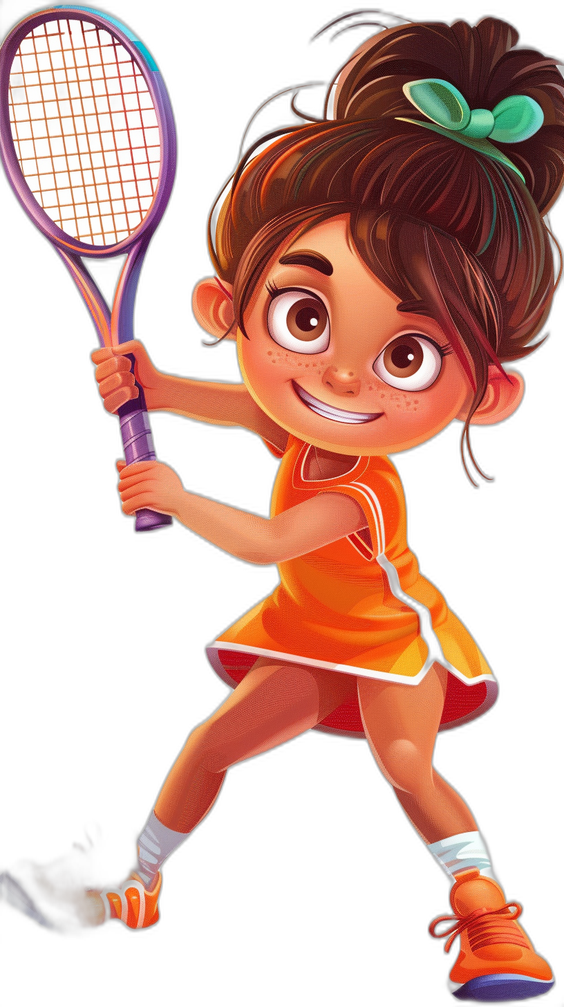 A cute little girl is playing tennis. She is wearing an orange dress and white socks with purple shoes. Her hair is in pigtails and she is holding the racket at shoulder height in the style of a cartoon. The background is black with a Disney Pixar character design style. It has a bright color palette and is highly detailed and adorable. It could be used as a sticker art for social media profile pictures.