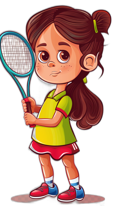 A cute little girl holding a badminton racket, in a vector illustration style with a black background, colorful cartoon characters. She has long brown hair and is wearing a green short-sleeved shirt, a red skirt and white socks on her feet. Her expression was serious as she was preparing to play tennis in the game room. The character design should be detailed, with clear lines and bright colors. In the style of a cartoon.