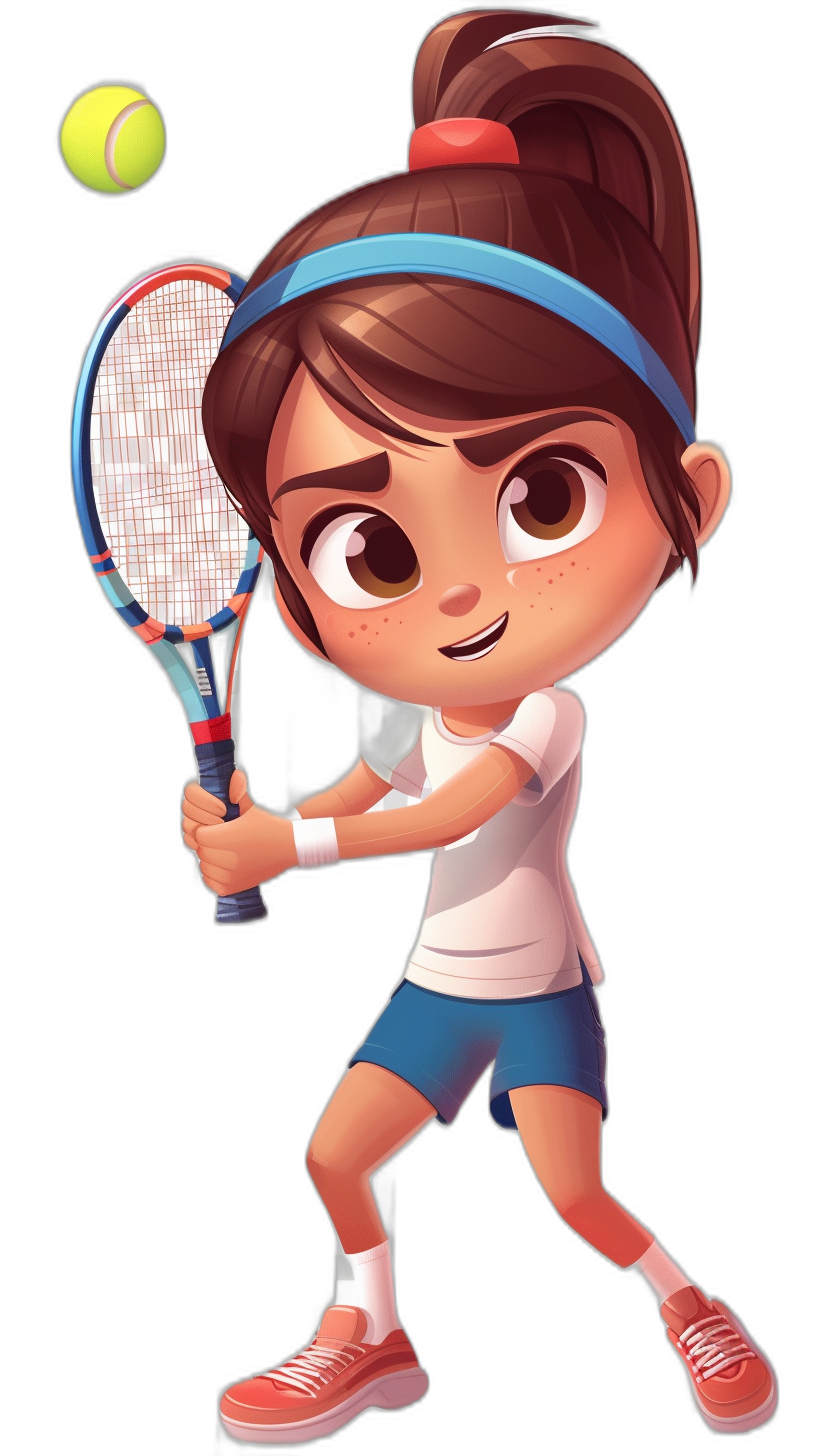 A cute little girl playing tennis, wearing a white t-shirt and blue shorts with red shoes, holding a racket in her right hand, with a cartoon style character design in the style of Pixar movie animation on a black background, brown hair, big eyes, smiling face expression, vector illustration, 2D game art style, with a cute pose, red headband, and a tennis ball flying above her head in a full body shot against a black isolated background with a flat color palette.