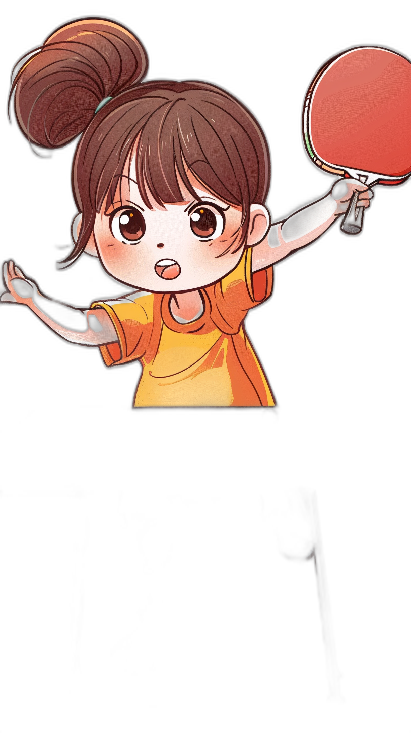 A cute chibi girl with brown hair in pigtails playing table tennis, wearing an orange t-shirt and black pants, holding her red plastic paddle ready to hit the ball with both hands up high on a pure black background, in the style of a cartoon with simple lines, as a flat illustration, in the vector art style, with a thick outline, like a sticker design, as a contour drawing, in the style of a sticker graphic design, like a sticker template.