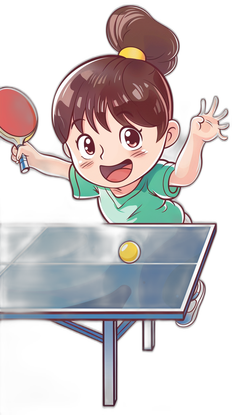 Cartoon style, vector illustration of cute girl playing table tennis, with black background and table tennis blue sportswear green short sleeves, smiling expression, holding red bat, hitting yellow ball on the table. The details include brown hair in double ponytails, brown eyes, white skin tone, dark gray tabletop surface, black lighting effects, simple strokes, flat colors, and a sense of cartoon character design.,,in