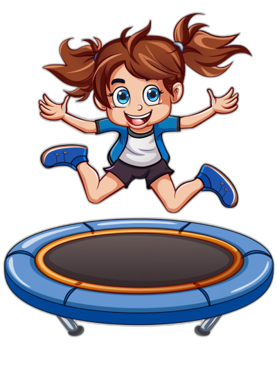 A cartoon vector illustration of a happy girl jumping on the trampoline against a black background clipart. The illustration is in the style of a vector cartoon.