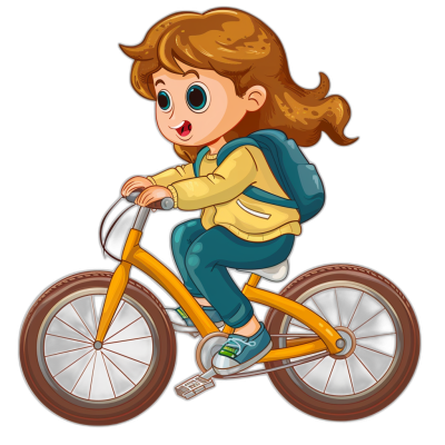 A cute cartoon girl riding yellow bicycle, clip art style for kids with black background