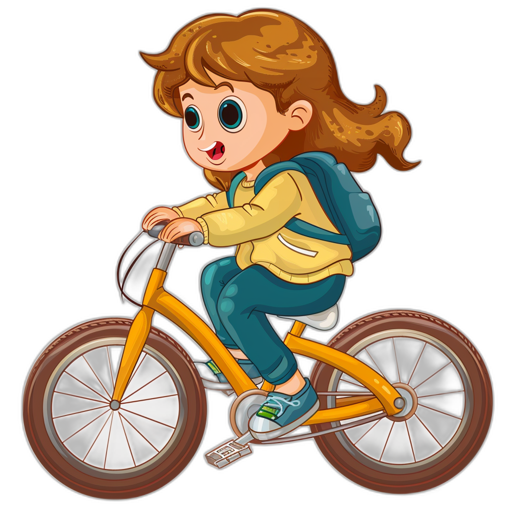 A cute cartoon girl riding yellow bicycle, clip art style for kids with black background