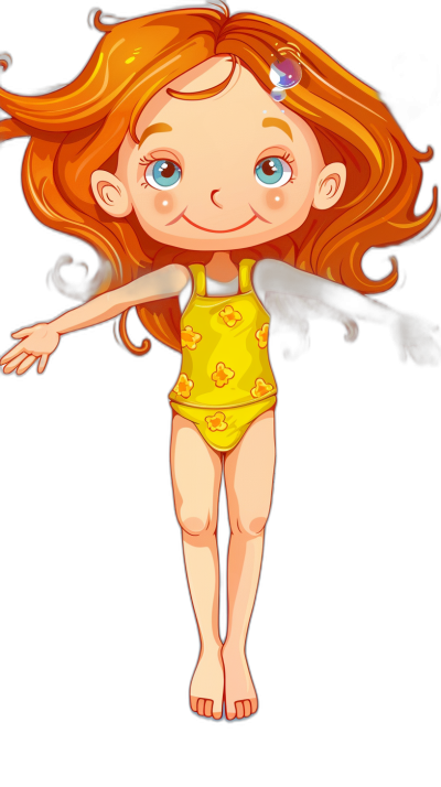 A little girl with red hair and blue eyes, wearing a yellow swimming suit, standing on a black background in the style of a cartoon, cute, smiling, flying in the air.