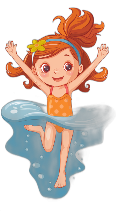 A cute little girl is jumping into the water in an illustration with a cartoon style and vector form on a black background. She has long red hair and big eyes wearing an orange swimming suit. Her hands are up in the air, with a happy expression on her face. Water droplets around her form ripples. The overall color scheme of blue tones creates a coolness. With vector graphics, bright colors, simple lines, and simple details. A full body portrait in the style of vector graphics.