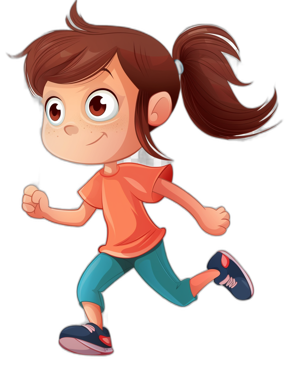 A cute cartoon girl is running, wearing sportswear and sports shoes on her feet. She has brown hair tied in pigtails with bangs, big eyes, flat head shape, simple background, solid color , black background, simple design, flat illustration style, high definition resolution. The whole body of the character can be seen from different angles.,,in