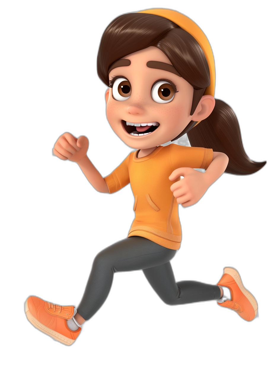 3D cartoon girl character with dark brown hair, smiling and running, wearing an orange shirt, grey leggings and sneakers, on a black background, in the style of Pixar.