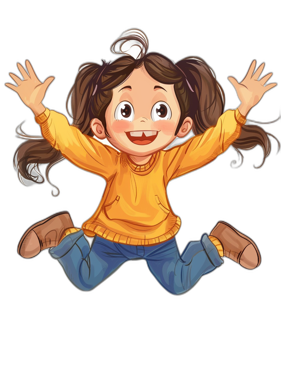 Cute cartoon girl jumping, black background, simple style, full body portrait, happy expression, big eyes, brown hair with bangs tied in two ponytails, yellow sweater and blue jeans, hands raised high, Pixar Disney style illustration.