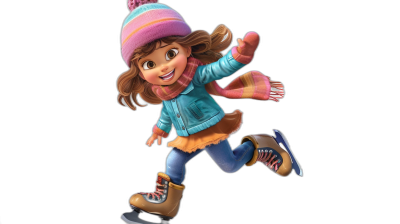 A cartoon girl ice skating, wearing winter  and gloves, in the style of Pixar, black background, high resolution, high quality