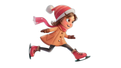 A cute girl skating, wearing pink ice skates and a red hat with a scarf, dressed in a light brown coat, full body shot against a black background, in the style of cartoon with simple lines, in the Disney Pixar animation style, with Disney character design, rendered in 3D, with bright colors, lively expressions, and lively movements, full of vitality.