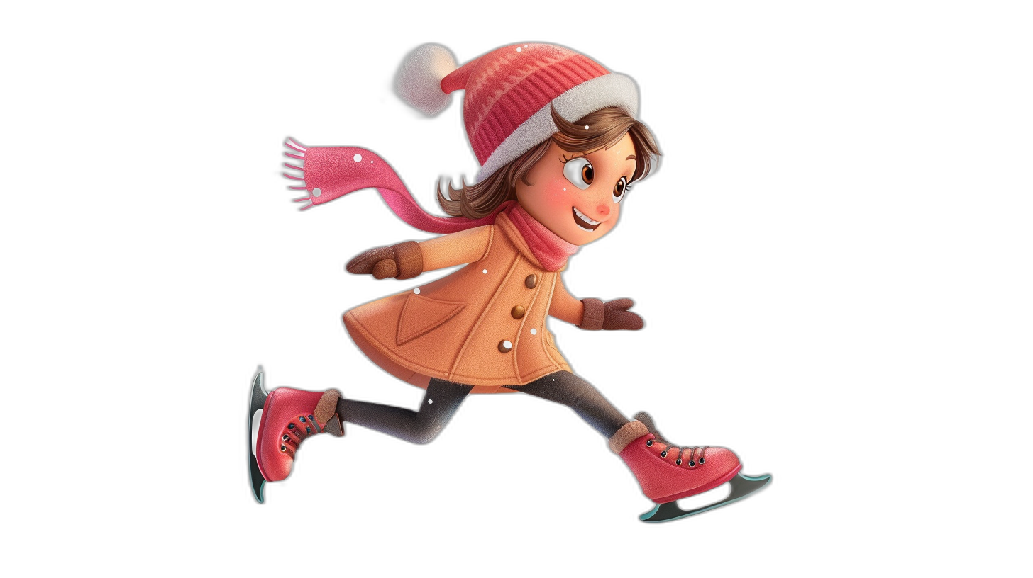 A cute girl skating, wearing pink ice skates and a red hat with a scarf, dressed in a light brown coat, full body shot against a black background, in the style of cartoon with simple lines, in the Disney Pixar animation style, with Disney character design, rendered in 3D, with bright colors, lively expressions, and lively movements, full of vitality.