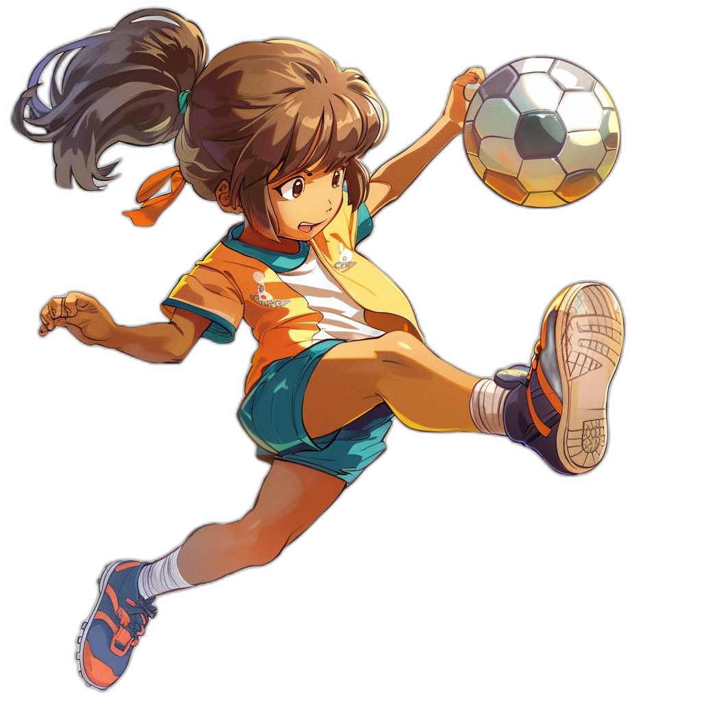 A young girl is playing soccer, kicking the ball in mid-air with her foot. She is wearing an orange and blue jersey and shorts, with brown hair styled into pigtails. The character design is for an anime video game, with a black background, drawn in the style of [Tite Kubo](https://goo.gl/search?artist%20Tite%20Kubo) from ONE PIECE. Character art.