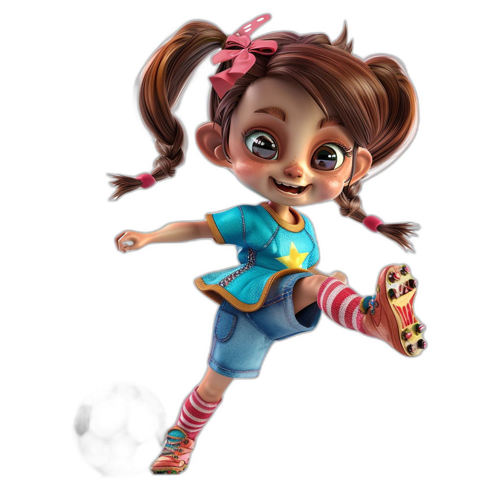 Cute cartoon girl character playing soccer in the style of Disney, black background, she has brown hair in pigtails and is wearing pink striped socks with red shoes, her outfit consists of blue shorts and an aqua t-shirt with stars on it, vibrant colors, detailed textures for the skin, eyes and mouth, high resolution.