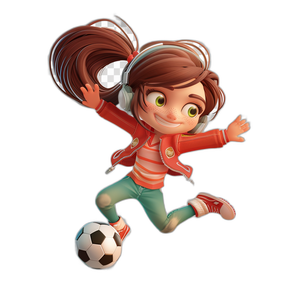 A cute girl with brown hair in pigtails, wearing headphones and a red jacket, kicking a soccer ball in the style of Pixar, on a black background, 3D render.