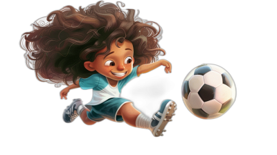 A cute cartoon of an Indian girl with curly hair playing soccer against a black background, in the style of Pixar.