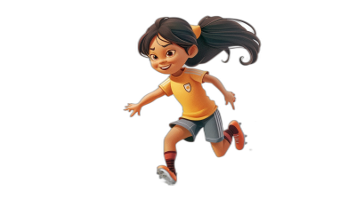 A young Indian girl in a soccer outfit is running in the style of Pixar, as a cartoon character on a black background.