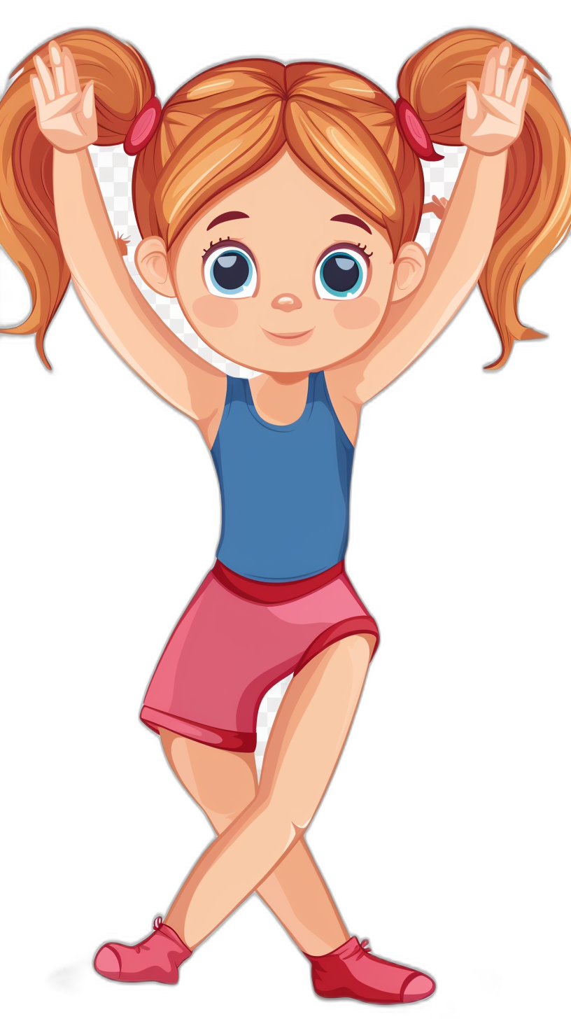 A cartoon girl doing sit-ups, with her hands raised above her head and two pigtails stacked on top of each other, wearing a pink short skirt, blue sleeveless shirt and red shoes, with a cute facial expression, in the style of a vector illustration, on a simple black background.