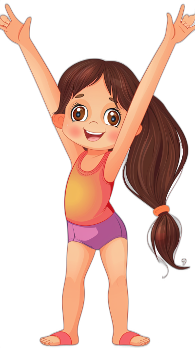 A cartoon girl doing gymnastics with her arms raised, smiling with a happy expression on her face, brown hair in a ponytail hairstyle, wearing short purple shorts and an orange tank top, black background, in the style of clipart, high definition.