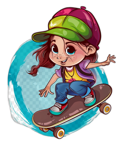 Cute cartoon girl with cap and skateboard, sticker design, vector illustration for t-shirt print on transparent background, colorful cartoon style, graphic elements, graffiti art, digital art, high resolution