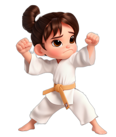 A cute baby girl doing karate, with brown hair in a ponytail bun with bangs, wearing white pants and a belt, on a black background, as a full body portrait, in the chibi style, in the style of Pixar animation.