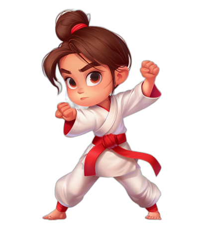 chibi style, chibi girl with brown hair in a bun and a red belt practicing karate, full body shot, on a black background, digital art in the style of Disney Pixar studio, cute cartoon character concept design for a mobile game,