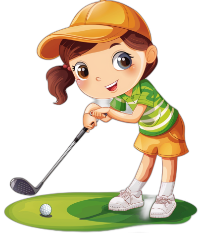 A cute little girl playing golf, vector illustration cartoon style with black background. She is wearing an orange cap and green striped shirt with yellow shorts underneath. The character has big eyes that give off her cheerful demeanor as she stares at the ball on teed up ground while holding one of two driver's heads in hand. Her posture reflects focus to hit the shot perfectly, showcasing skillful driving skills.,in