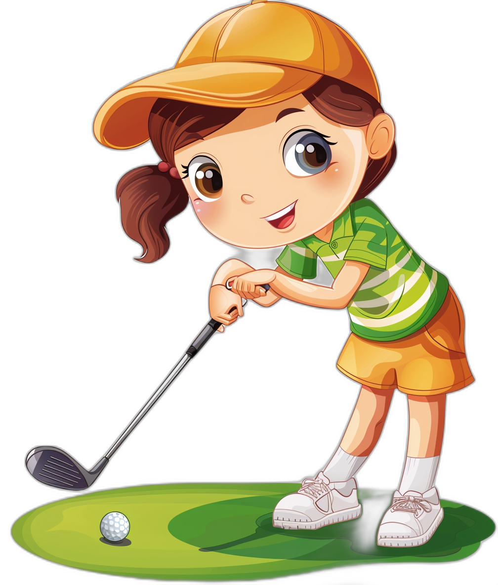 A cute little girl playing golf, vector illustration cartoon style with black background. She is wearing an orange cap and green striped shirt with yellow shorts underneath. The character has big eyes that give off her cheerful demeanor as she stares at the ball on teed up ground while holding one of two driver’s heads in hand. Her posture reflects focus to hit the shot perfectly, showcasing skillful driving skills.,in