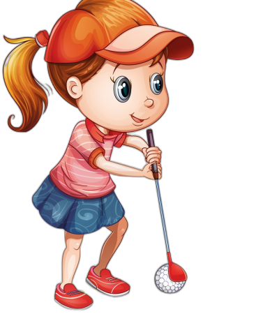 A cute little girl playing golf in the style of clip art style cartoon, isolated on a black background.