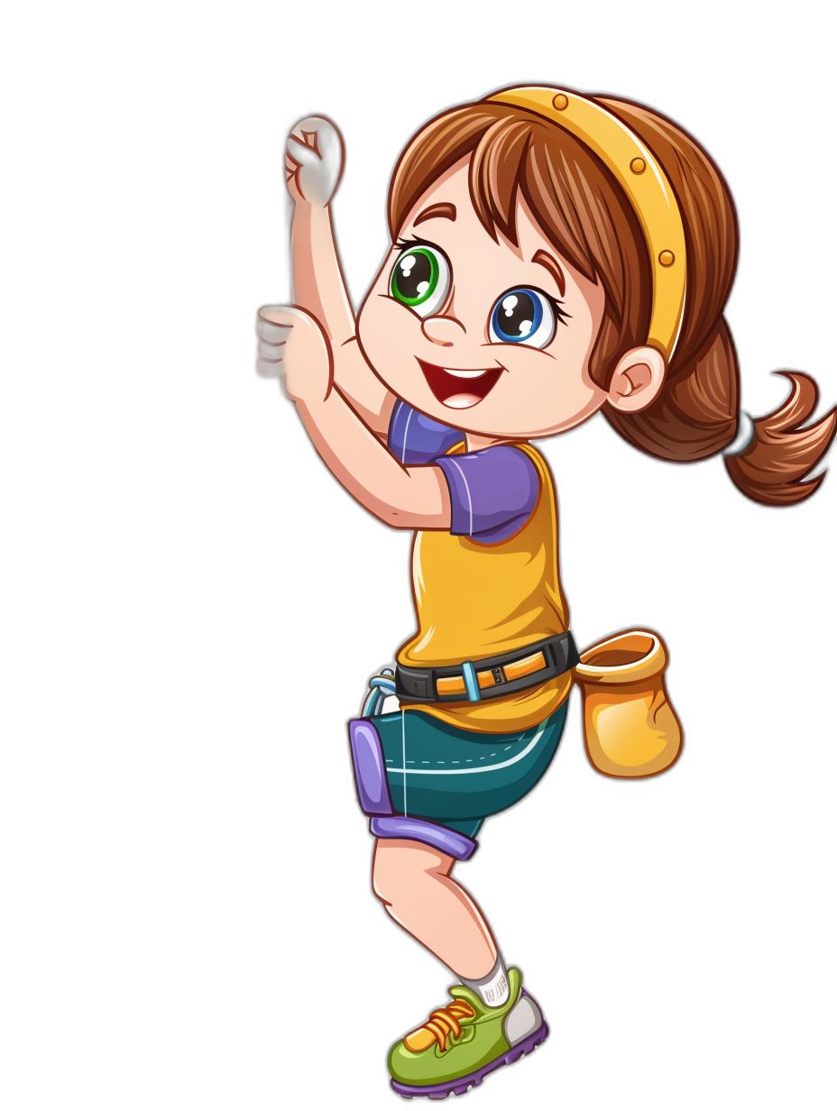 A cute cartoon girl doing climbing, smiling with a happy expression and green eyes, wearing a yellow headband, black shirt, purple short pants and blue shoes, holding chalk in her hand on a pure background.