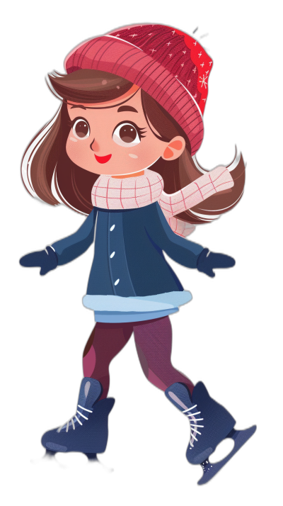 A cute girl ice skating in winter, with a simple flat cartoon style on a black background. It is a full body shot, wearing a dark blue coat and red hat with a white scarf. She has long brown hair, brown eyes, and simple facial features without a mouth or lips. The colors are bright, with ice skates on her feet and a happy expression. The style is reminiscent of a cartoon.