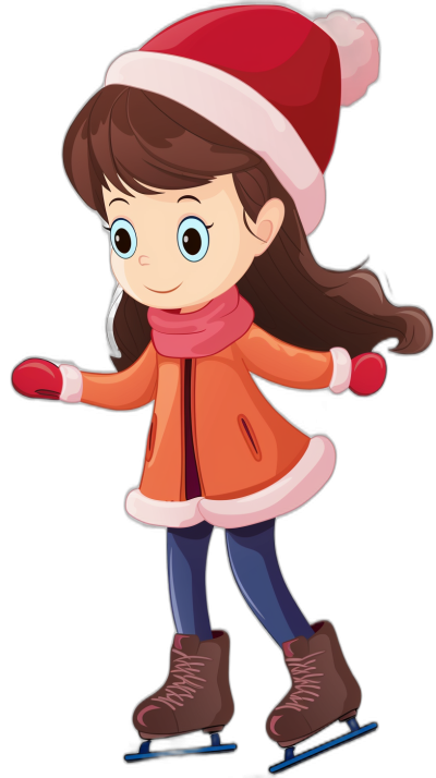 Cute girl skating, wearing a red hat and scarf with a brown coat, blue tights, flat vector illustration on a black background, in the style of cartoon style, simple lines, high quality, high resolution, professional design, bright colors, simple design elements, cute expression, ice skates under her feet. Children's book illustration, in the style of Pixar animation, in the style of Disney animation, simple color blocks, simple details, high definition.