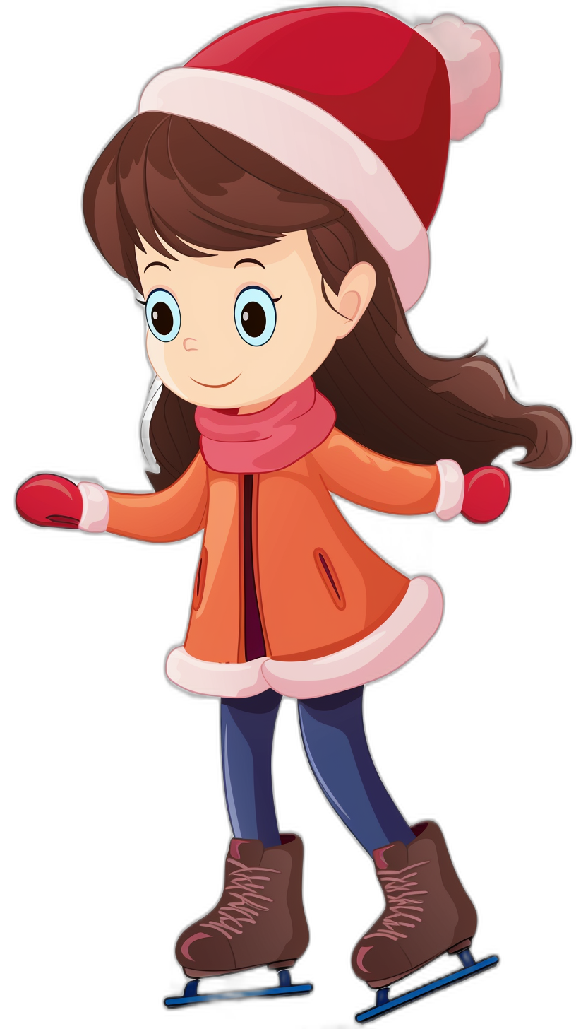 Cute girl skating, wearing a red hat and scarf with a brown coat, blue tights, flat vector illustration on a black background, in the style of cartoon style, simple lines, high quality, high resolution, professional design, bright colors, simple design elements, cute expression, ice skates under her feet. Children’s book illustration, in the style of Pixar animation, in the style of Disney animation, simple color blocks, simple details, high definition.