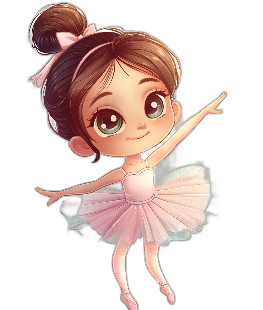 chibi style, cute ballerina in pink tutu with brown hair and big eyes doing ballet on black background