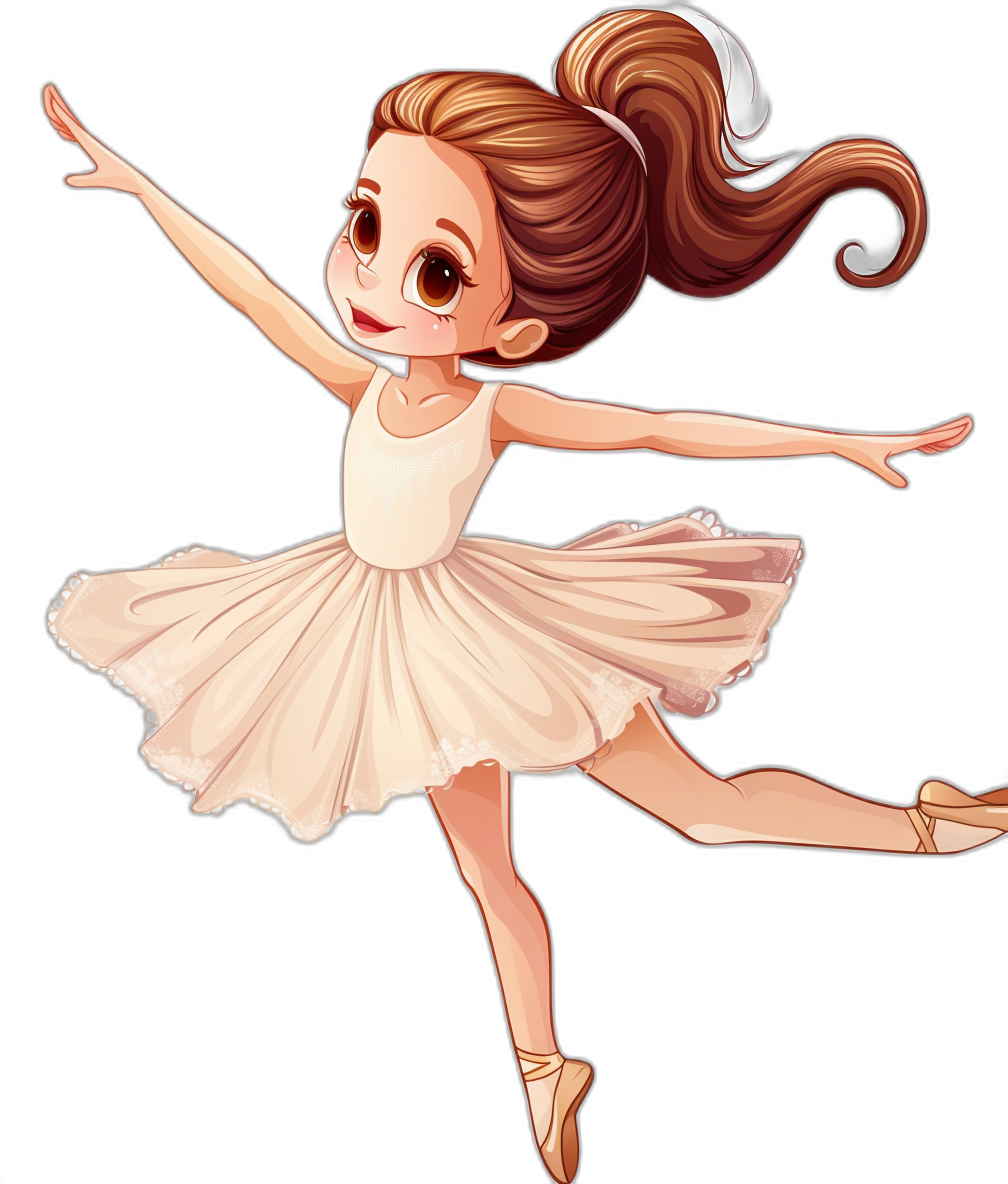 chibi style, cute ballerina with brown hair and big eyes wearing white tutu and pointe shoes dancing in the air on black background