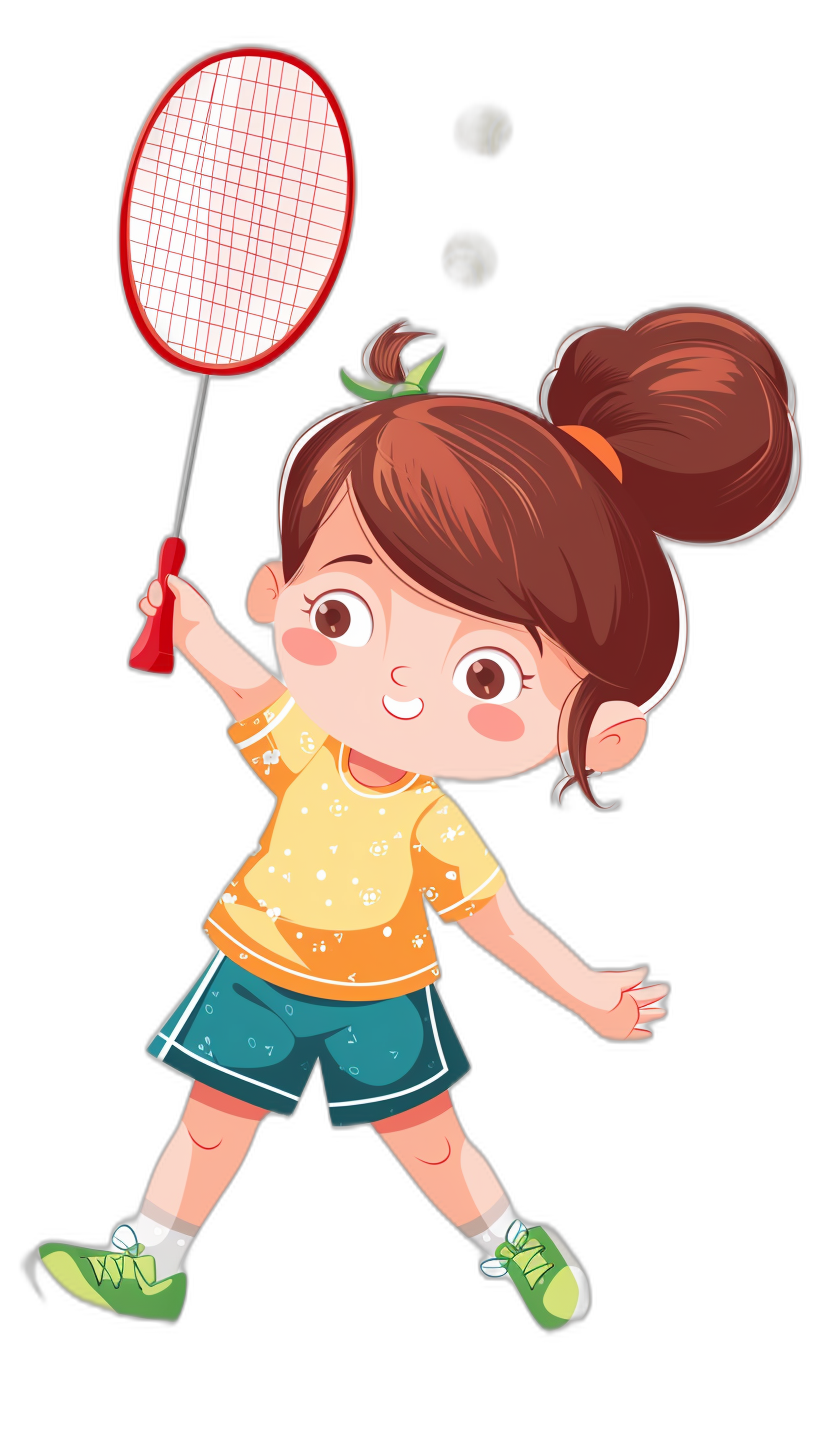 A cute little girl playing badminton in the style of a cartoon, with a simple drawing and solid color black background.