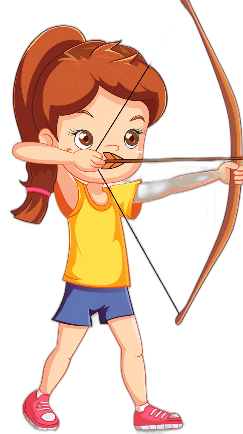 A cartoon girl shooting an arrow, vector illustration style, simple flat color blocks, simple lines, black background, cute and lively expression, holding the bow in both hands with one hand on her shoulder for support., bright colors, short hair is brown, wearing yellow t-shirt and blue shorts, pink shoes, focus eyes, archery pose. She has long red pigtails and bangs. The overall atmosphere of his whole body gives people calmness. Full-length portrait of person, front view, 2D game art style,,in