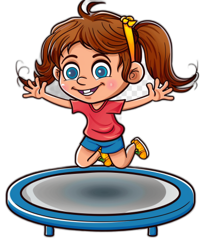 cartoon clip art, A cute little girl is jumping on the trampoline, wearing blue shorts and a red short-sleeved shirt with a yellow headband. She has brown hair in pigtails and big eyes smiling happily at her right side. Her hands were spread out to balance while she was flying above the round trampoline's black background. In the style of cartoon.