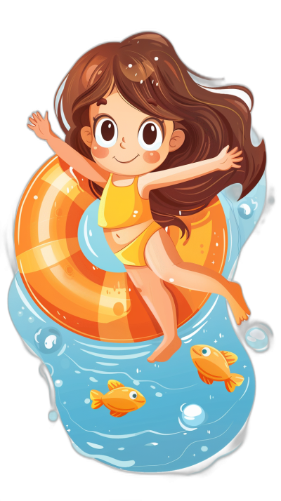 Cute little girl character with long brown hair, wearing yellow swimming suit and floating on an inflatable ring in the sea, cartoon style vector illustration design isolated black background, swimming ring is filled with water and small fish swim around her , high resolution, high detail, sharp focus, highly detailed, high definition, sharp lines