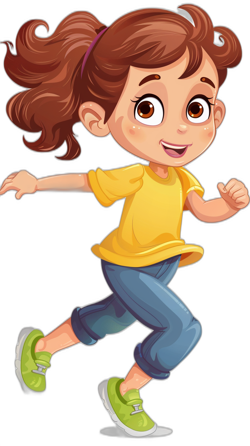 A cute cartoon girl in a yellow shirt and blue pants, with brown hair in a ponytail on the side of her head running fast, green shoes, in the style of clip art, isolated on a black background.