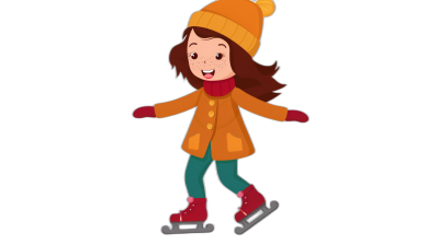 A girl skating on ice, wearing an orange coat and hat with red gloves and green pants, in the style of a cartoon, with a simple black background, cute animation character design, flat illustration, 2D, in the style of a cartoon animation, 30 degree view, full body shot, high resolution, high detail, high quality.