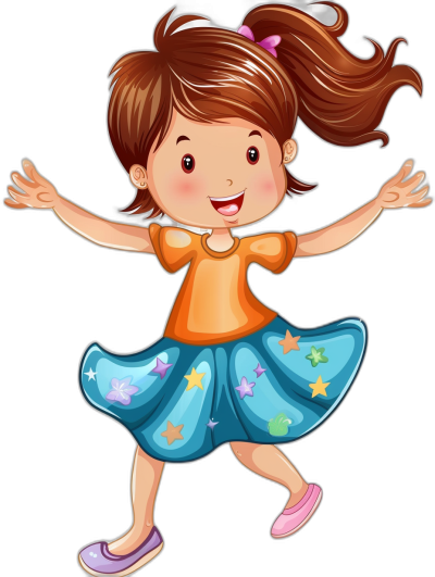 A cute cartoon girl in a blue skirt with stars on it, dancing happily in the style of a vector illustration. The simple stroke lines and black background have no shadows or texture details. The little girl has brown hair tied into ponytails, wearing an orange shirt underneath the dress and pink shoes. Bright colors and a happy expression as her hands are raised to dance with lively movements.